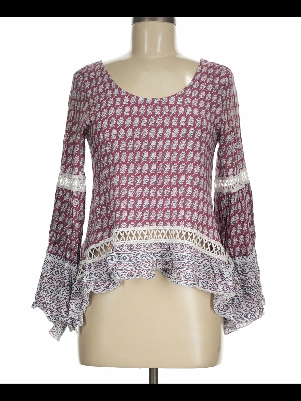 eesome Mauve-Pink Printed Boho Bell-Sleeve Peasant Top